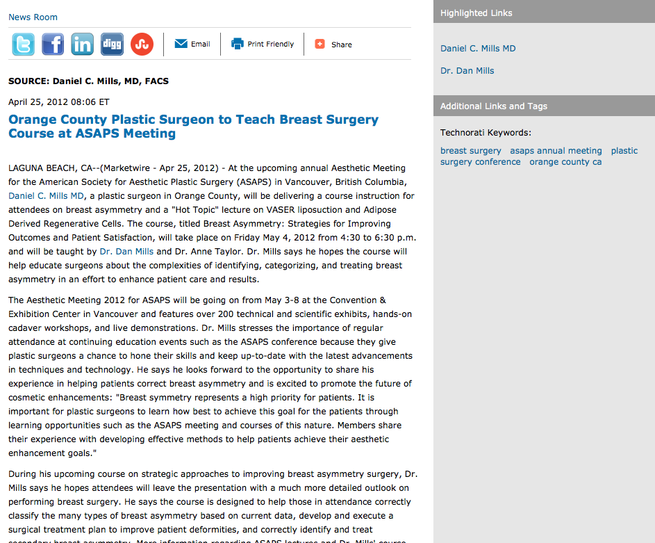 Orange County Plastic Surgeon to Teach Breast Surgery Course at ASAPS